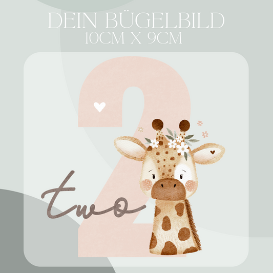 Geburtstagszahl 2 mit florale Giraffe - Mini Bügel-Bild Eigenproduktion