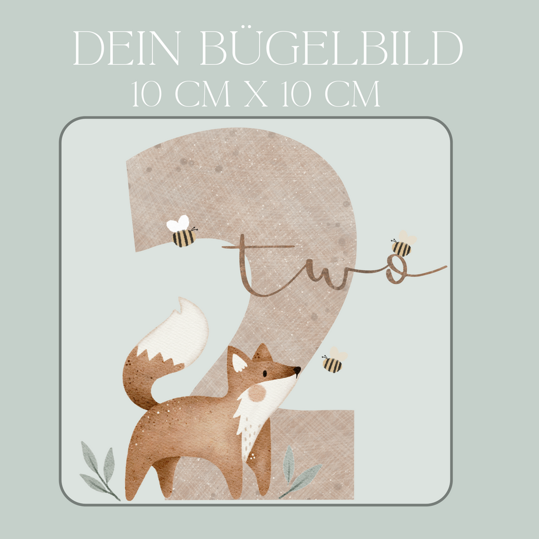 Geburtstagszahl 2 mit Fuchs - Mini Bügel-Bild Eigenproduktion