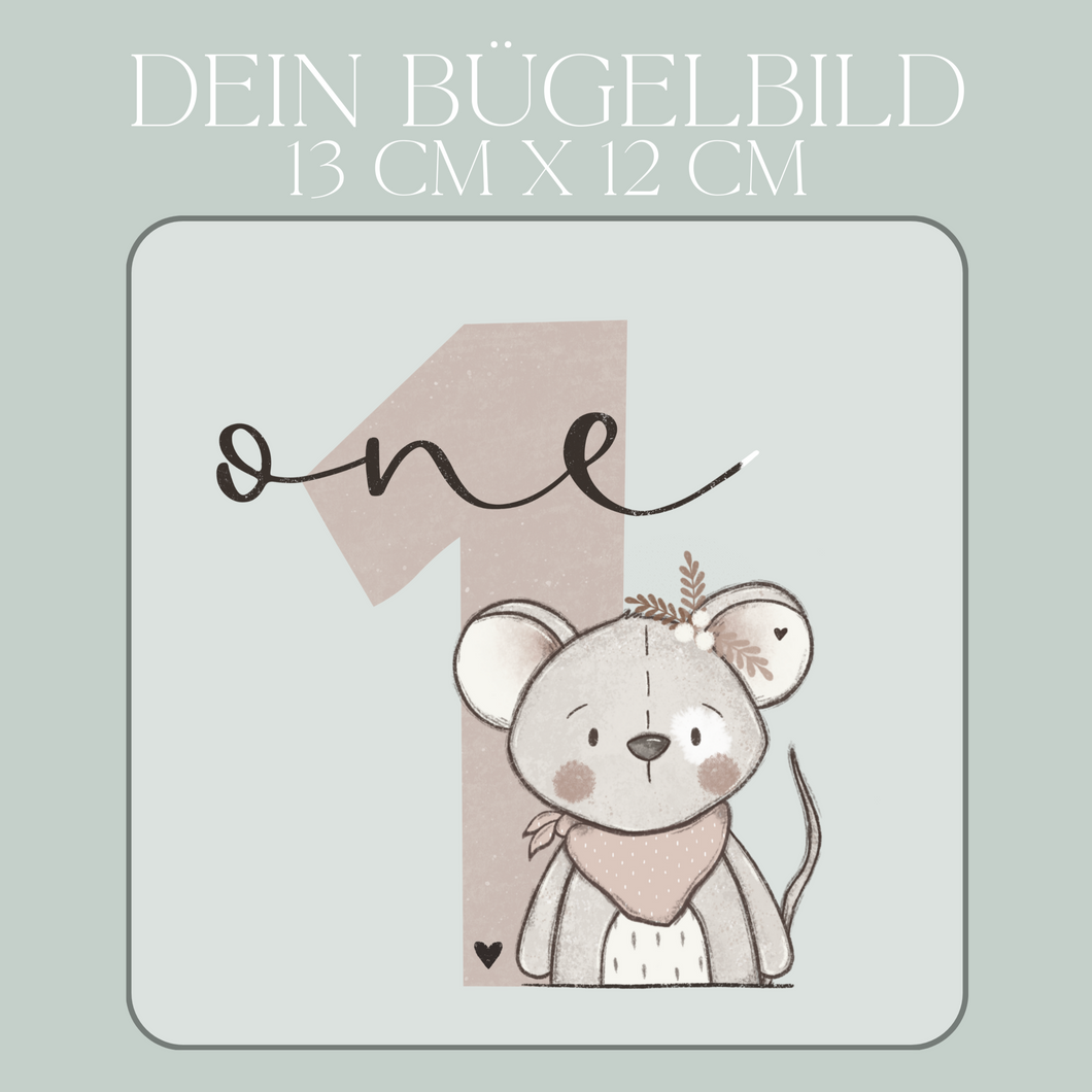Geburtstagszahl 1 mit Mäuse Mädchen - Maxi Bügel-Bild Eigenproduktion