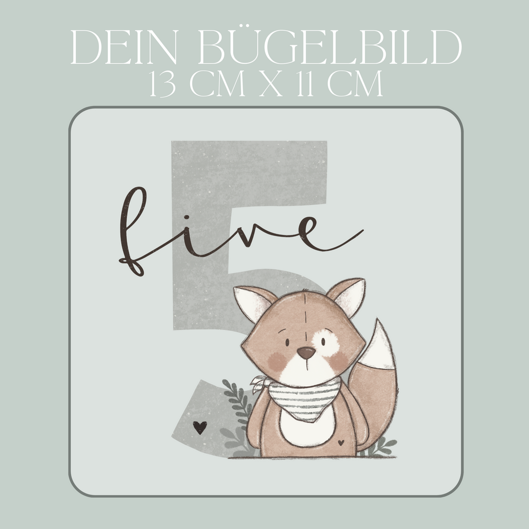 Geburtstagszahl 5 mit Fuchs Junge - Maxi Bügel-Bild Eigenproduktion