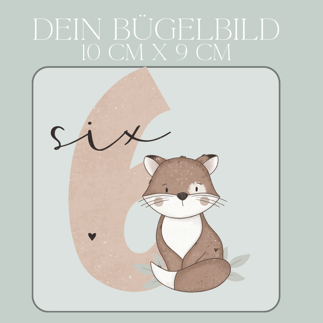 Geburtstagszahl 6 mit Fuchs - Mini Bügel-Bild Eigenproduktion